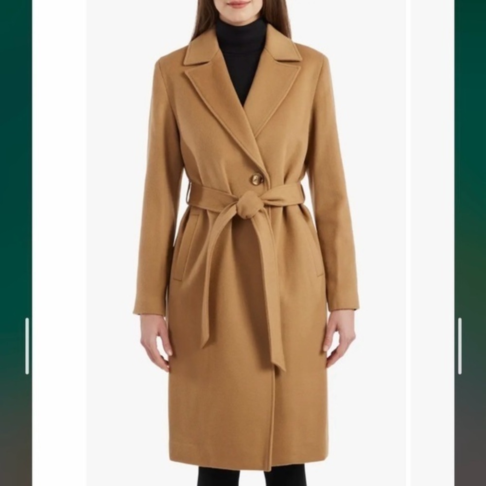 Sofia Cashmere Belted Notch Collar Wool Coat in Camel Size 4